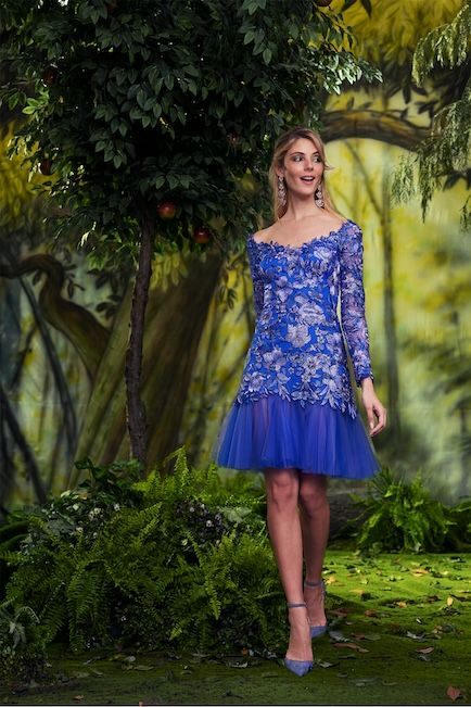 BLUE BELL WILDFLOWER EMBROIDERED TULLE OFF-THE-SHOULDER LONG SLEEVE DRESS