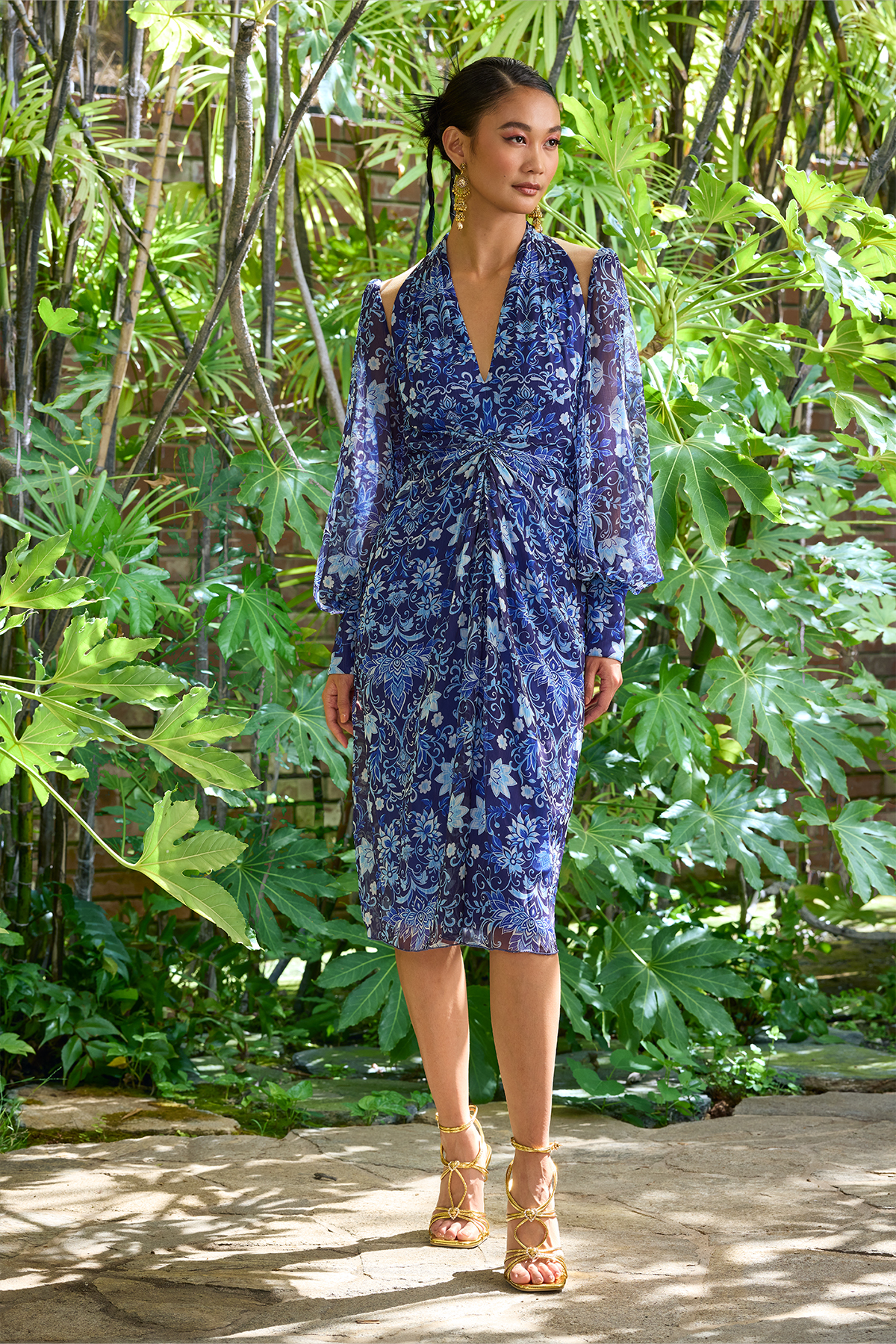 BLUE IRIS MULTI LOTUS PRINT CHIFFON DRESS WITH LONG BISHOP SLEEVES AND CUTOUT ILLUSION DETAIL