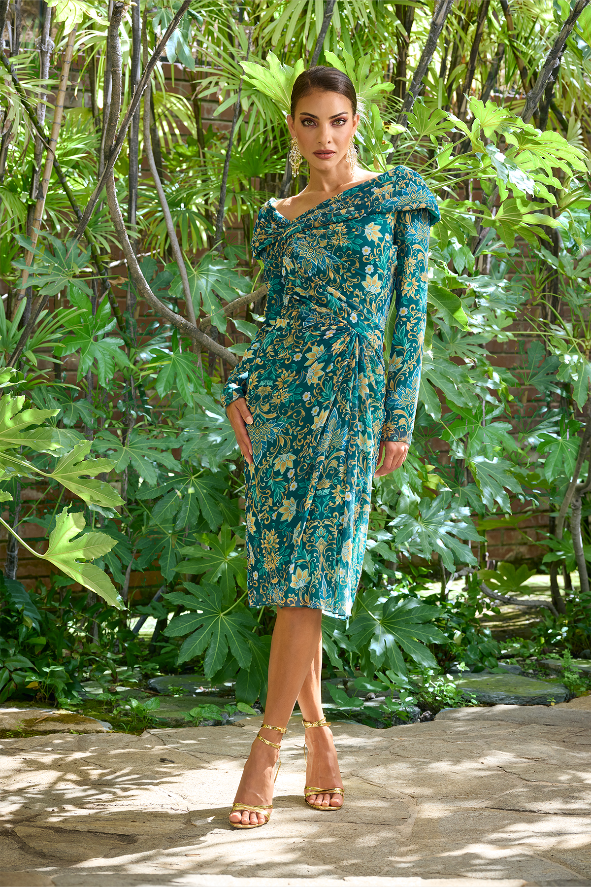 TEA LEAF MULTI LOTUS PRINT CHIFFON DRAPED LONG SLEEVE DRESS