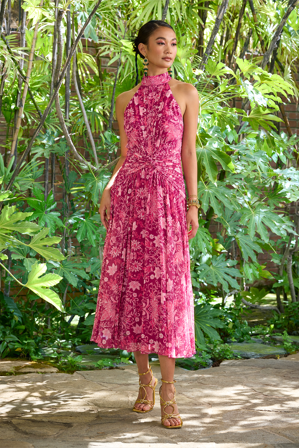 MAGENTA MULTI LOTUS PRINT CHIFFON HALTER A-LINE MIDI-DRESS