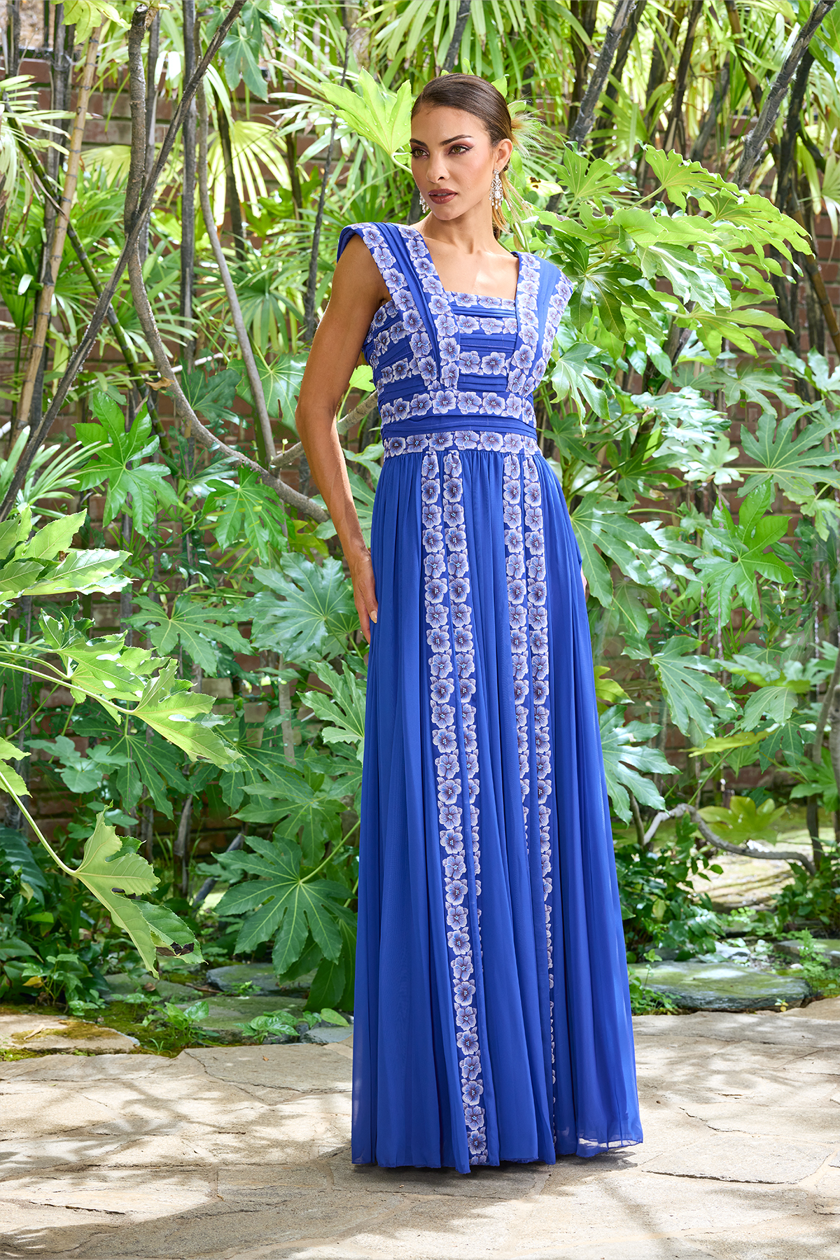 BLUE LAGOON JASMINE PRINT GEORGETTE GODET SQUARE-NECK SLEEVELESS GOWN