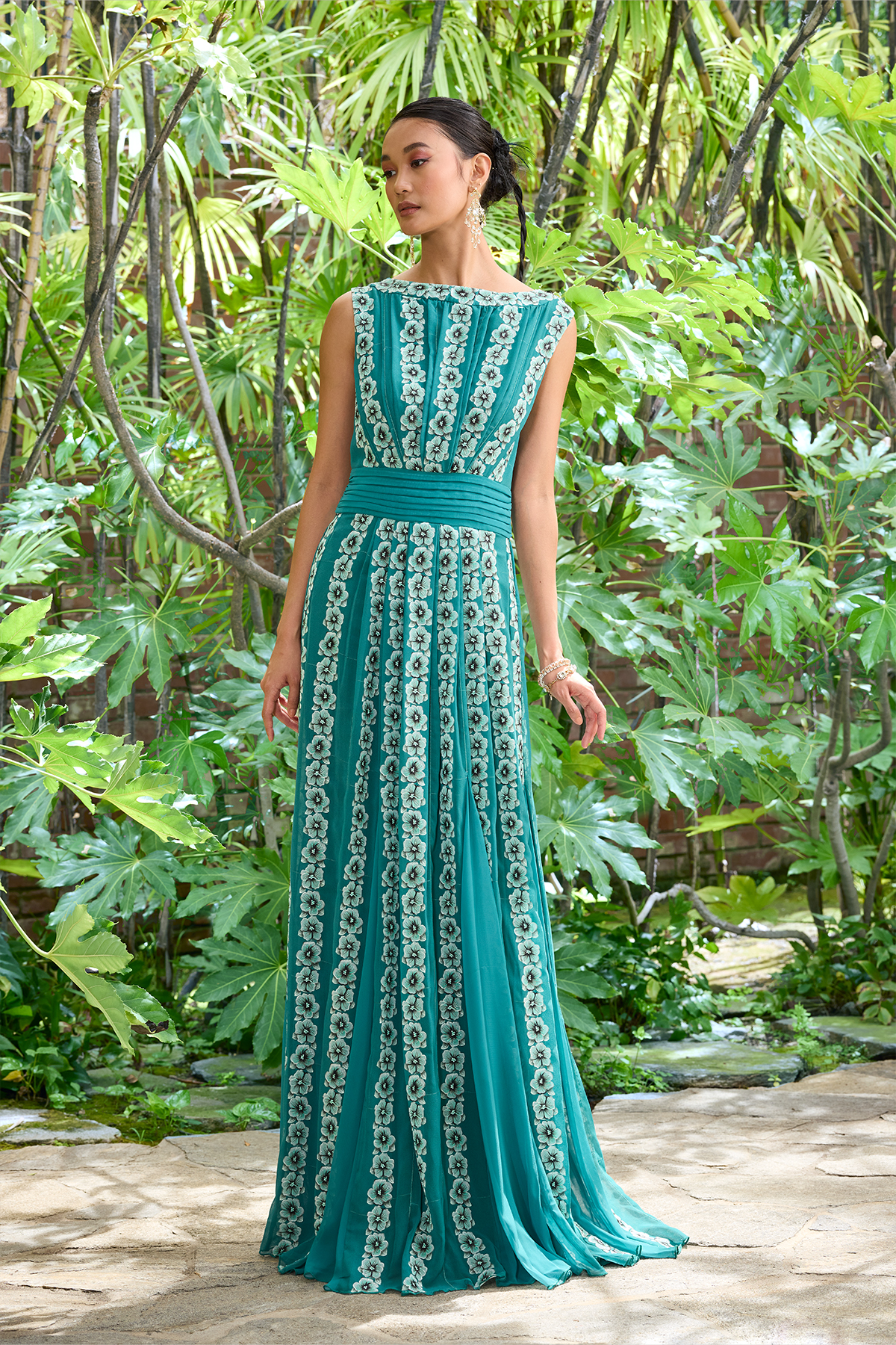 EMERALD GREEN MULTI JASMINE PRINT GEORGETTE GODET SLEEVELESS GOWN