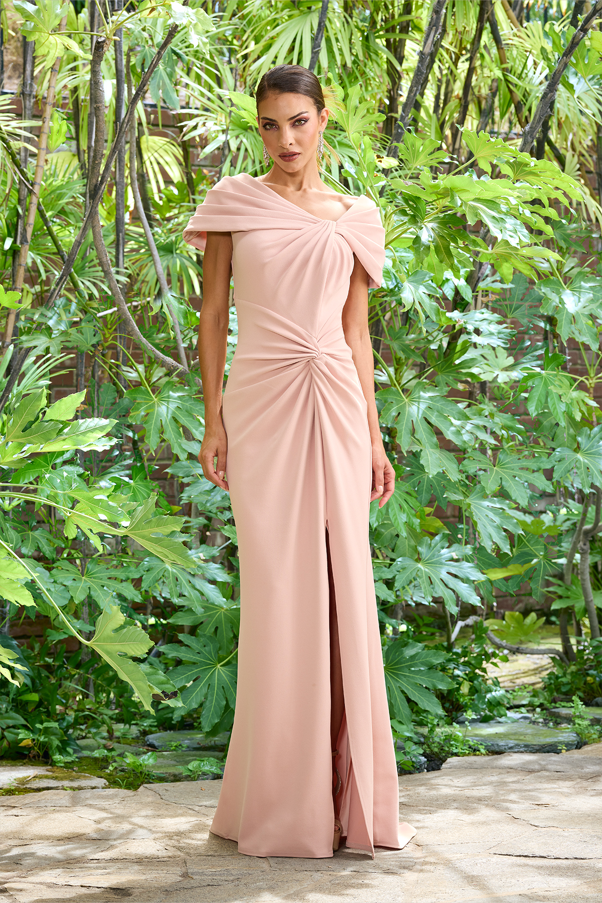 PALE PINK TEXTURED CREPE CAP SLEEVE GOWN