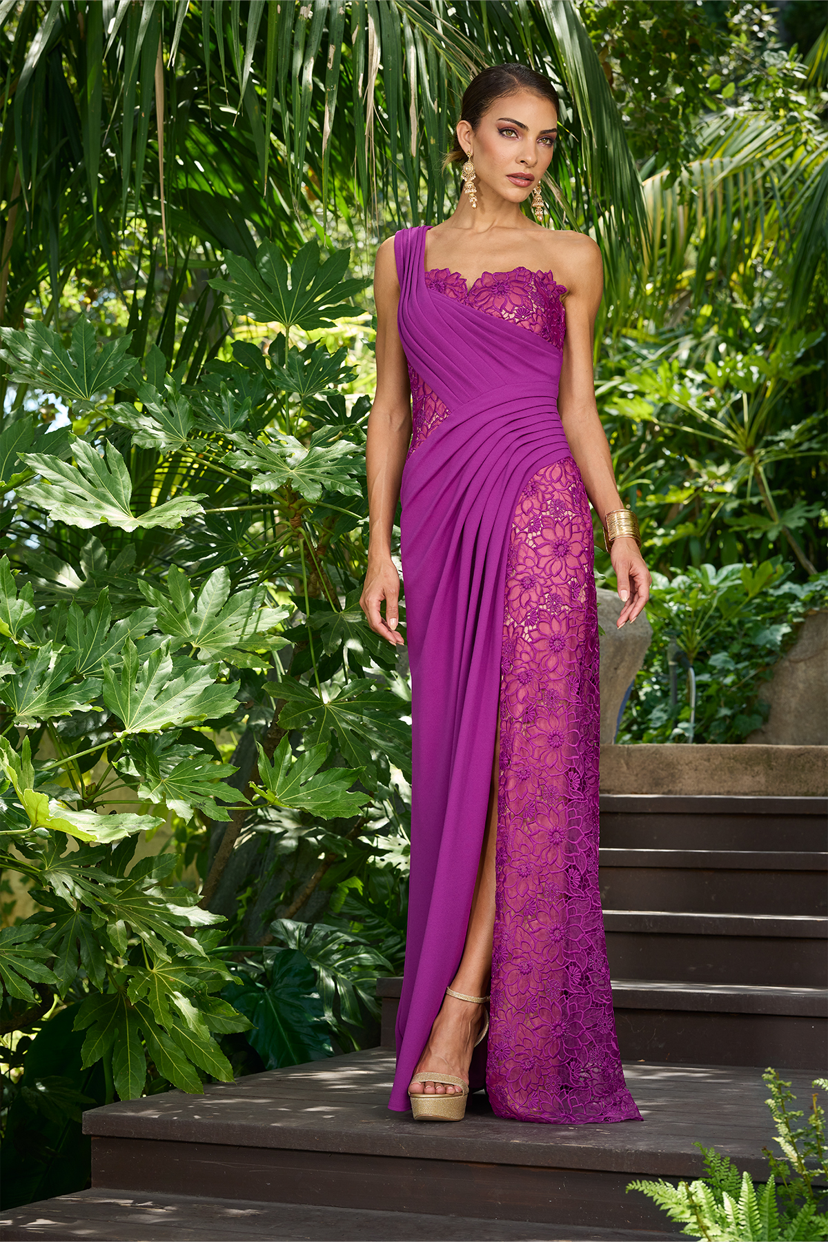 MAGENTA NUDE TROPICAL BLOSSOM EMBROIDERED ORGANZA AND TEXTURED CREPE ONE SHOULDER GOWN