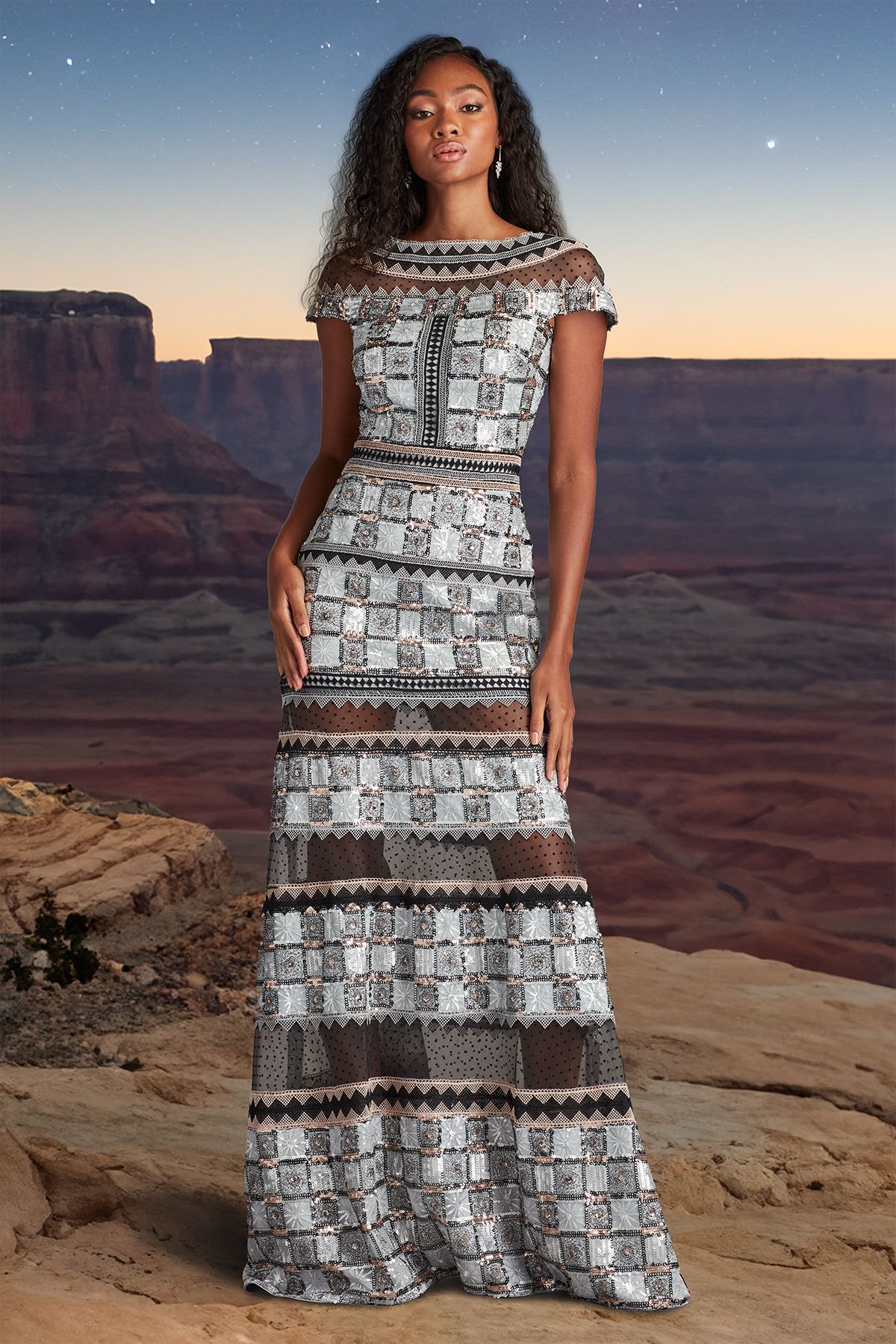 SILVER/MULTI PAILLETTE EMBROIDERED TULLE CAP SLEEVE GOWN WITH LACE TRIM DETAIL