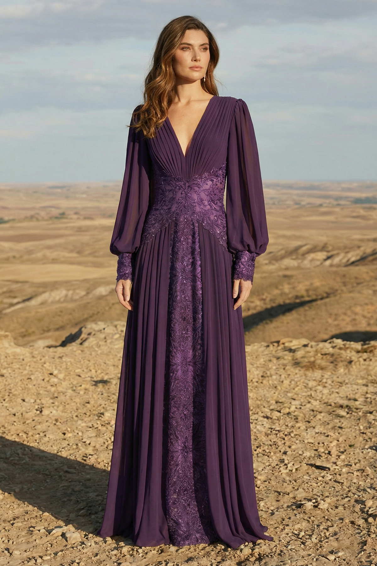 COLOR EMBROIDERED LACE AND GEORGETTE V-NECK A-LINE GOWN WITH LONG BISHOP SLEEVES