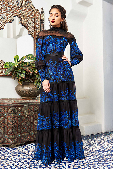 PAISLEY PRINT MESH AND LACE TRIM LONG DRESS WITH LONG BISHOP SLEEVES