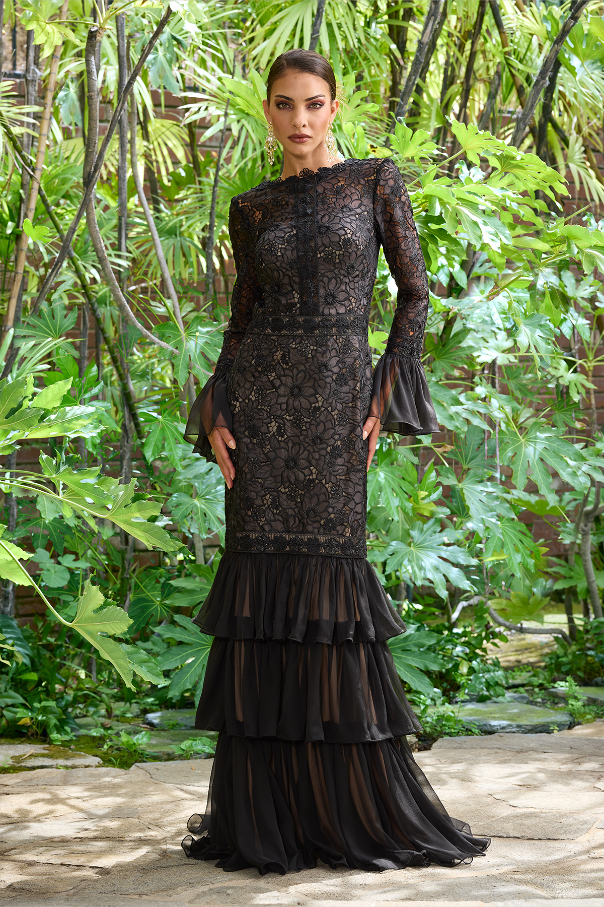 BLACK NUDE TROPICAL BLOSSOM EMBROIDERED ORGANZA AND TEXTURED CREPE LONG SLEEVE GOWN WITH TIERED CHIFFON FLOUNCE DETAILS