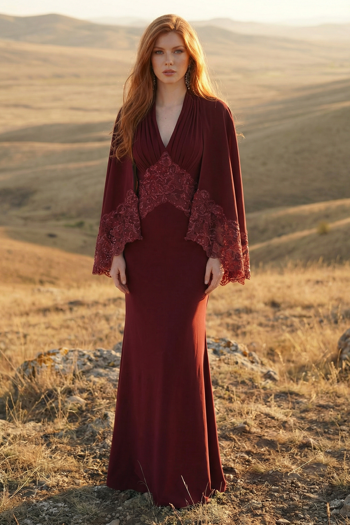 COLOR EMBROIDERED LACE AND TEXTURED CREPE V-NECK GOWN WITH SWINGING CAPE