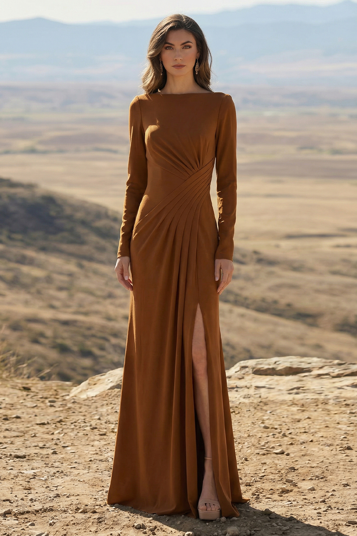 COLOR TEXTURED CREPE LONG SLEEVE DRAPED GOWN WITH FRONT SLIT