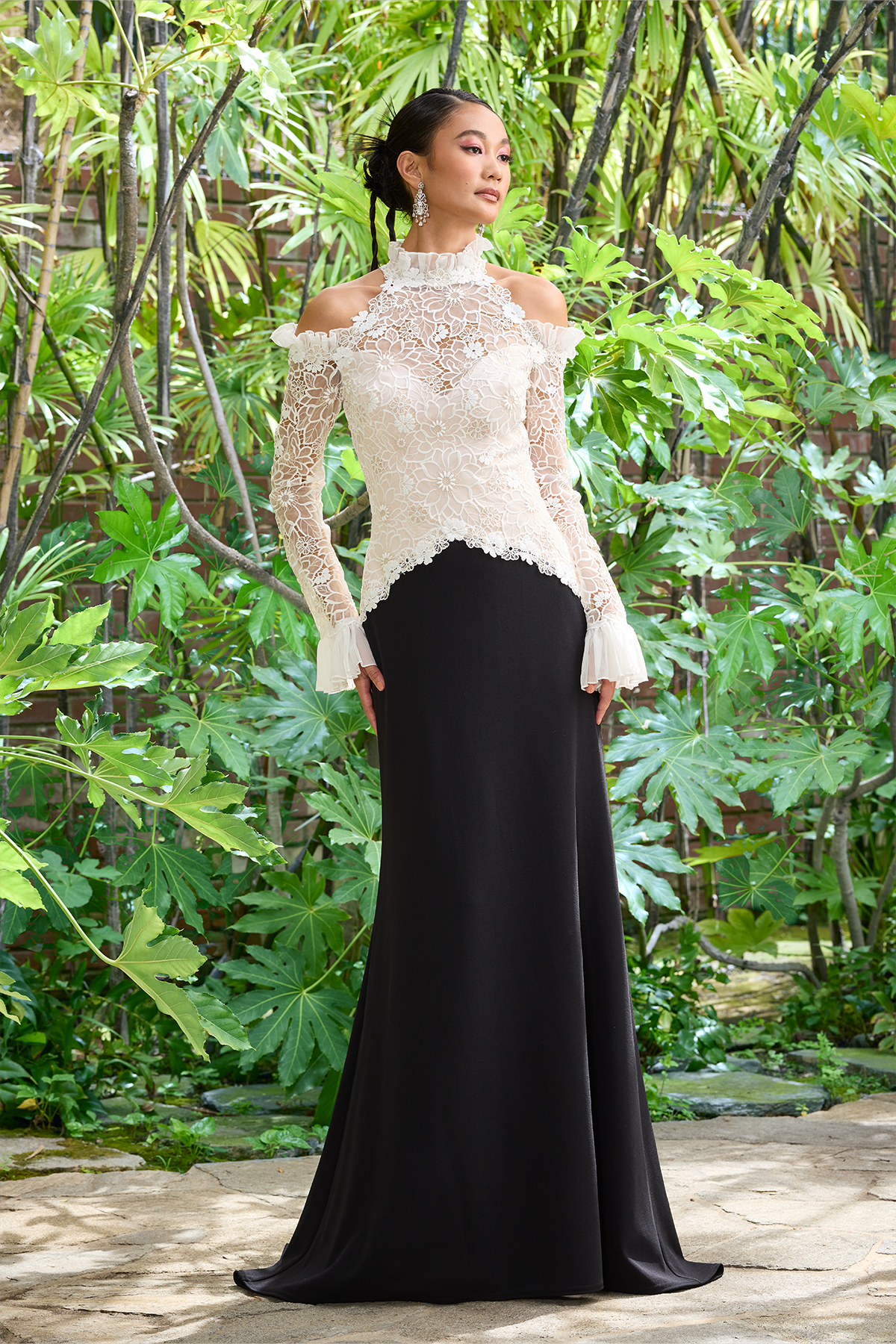 IVORY BLACK TROPICAL BLOSSOM EMBROIDERED ORGANZA AND TEXTURED CREPE COLD SHOULDER LONG SLEEVE GOWN
