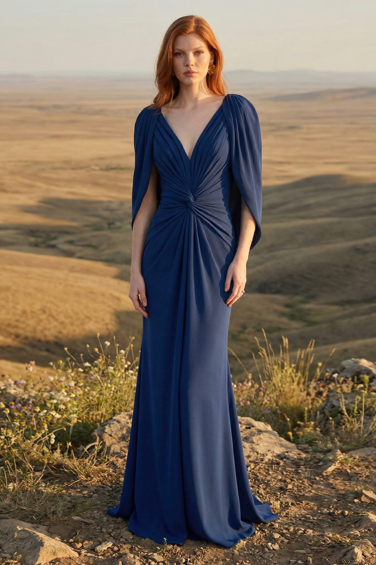 COLOR TEXTURED CREPE V-NECK TWIST GOWN WITH TULIP DRAPE CAPELET