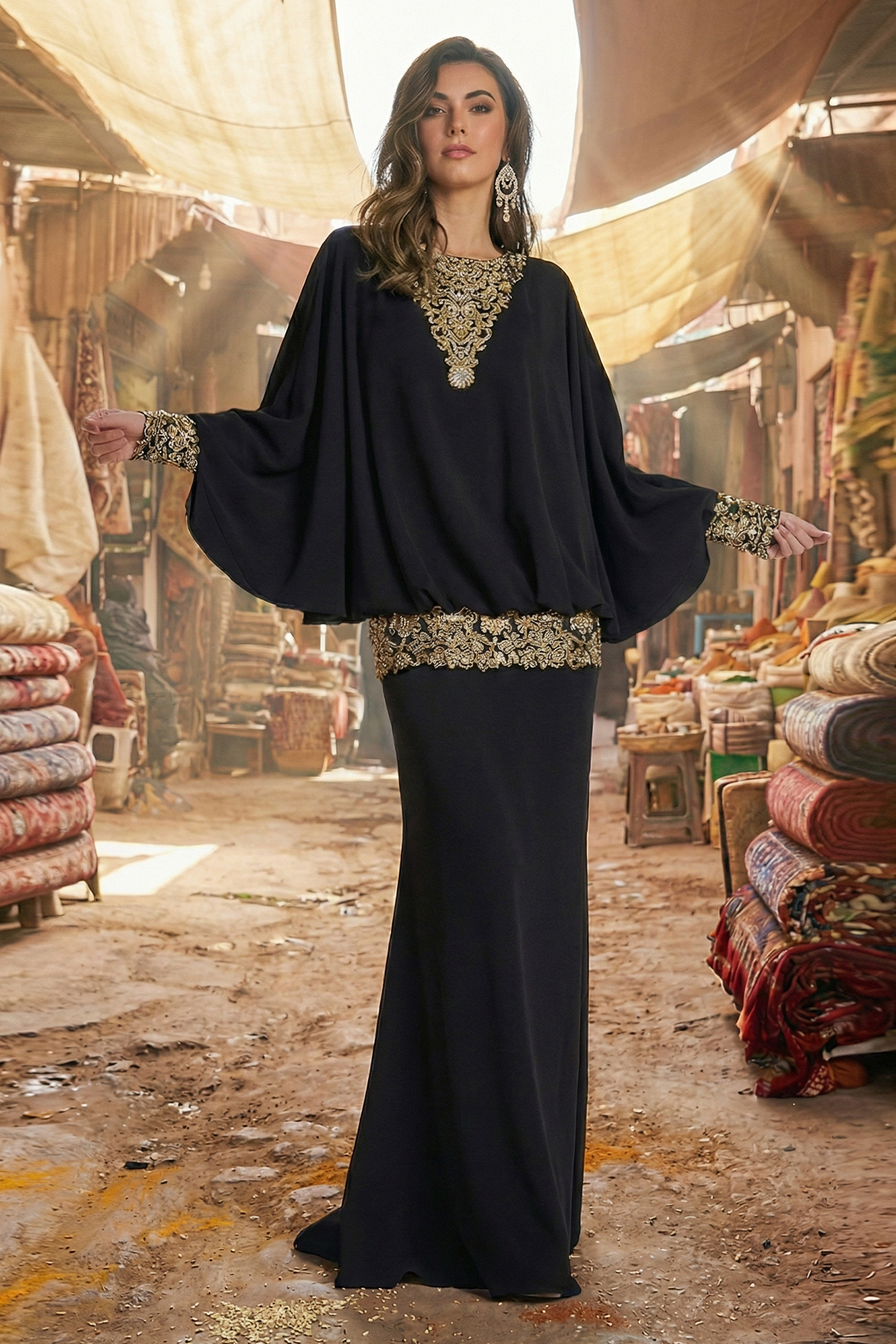 COLOR TEXTURED CREPE BLOUSON GOWN WITH METALLIC EMBROIDERY AND LONG DOLMAN SLEEVES