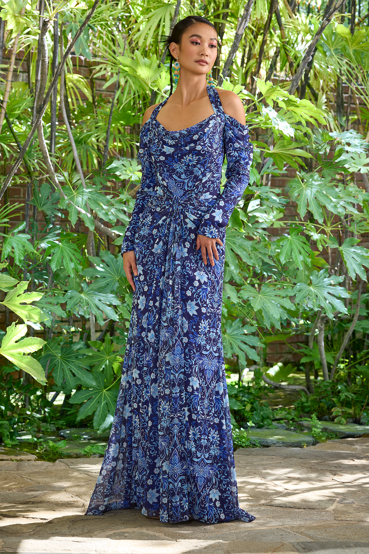 BLUE IRIS LOTUS PRINT CHIFFON COLD SHOULDER DRAPED LONG DRESS WITH OPEN BACK DETAIL