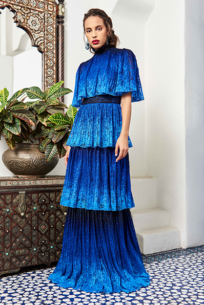 OMBRÉ PLEATED LACE TIERED GOWN WITH FLUTTER SLEEVES