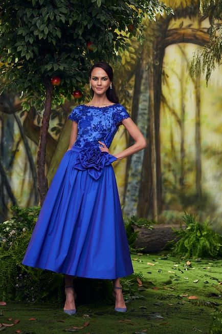 BLUE BELL BLOOMING PAILLETTE EMBROIDERED TULLE CAP-SLEEVE MIDI DRESS WITH FULL TAFFETA SKIRT AND FLOWER DETAIL