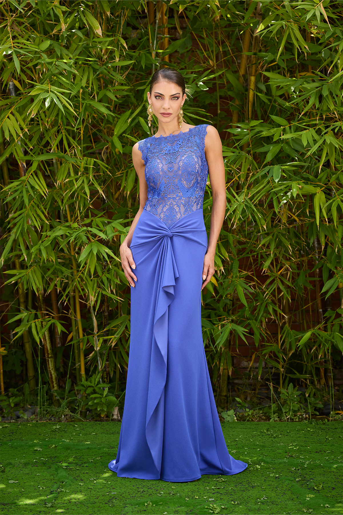 BLUE IRIS APSARA LACE AND TEXTURED CREPE SLEEVELESS GOWN WITH CASCADING SKIRT RUFFLE