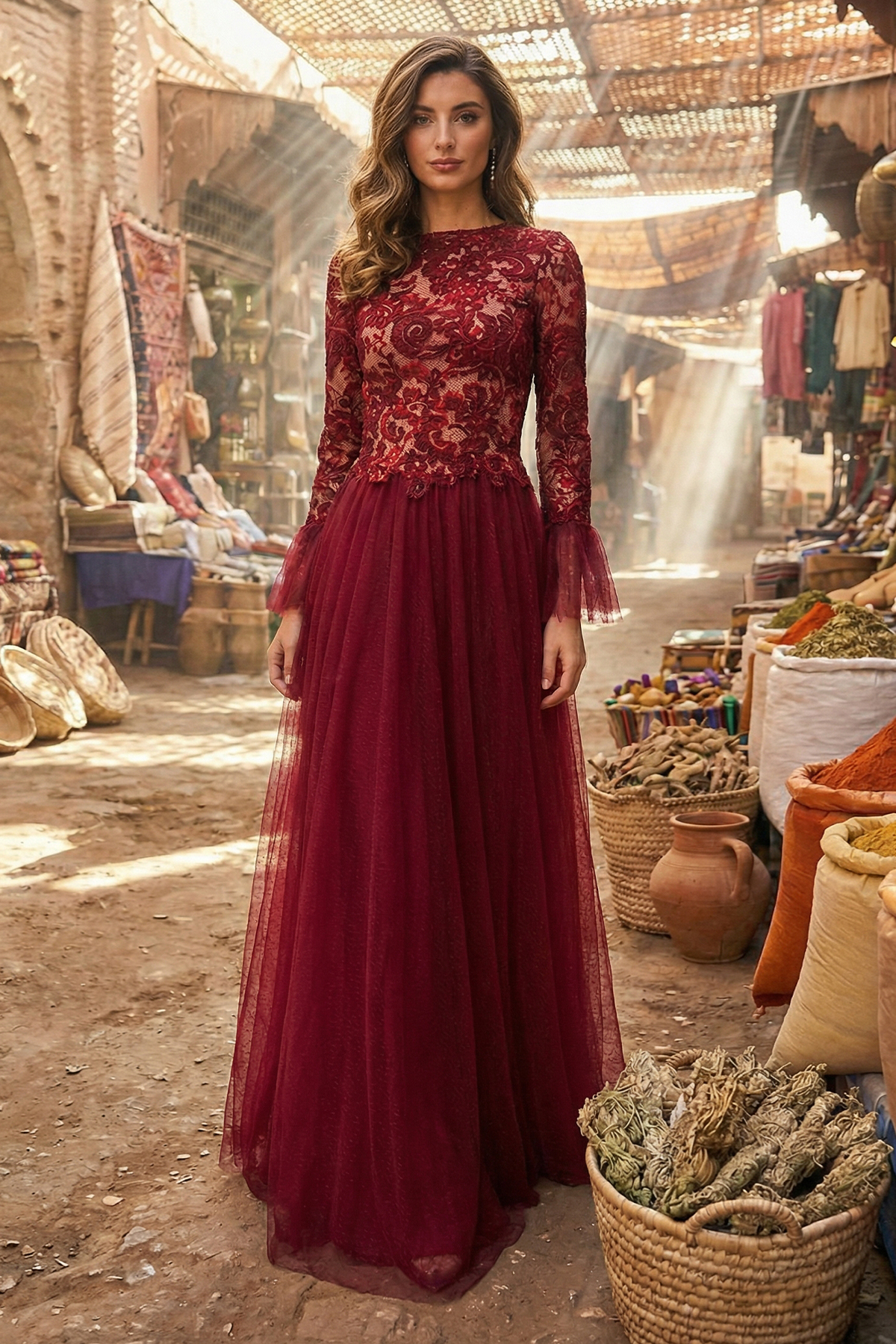 WINE NUDE CHENILLE EMBROIDERED TULLE FULL SKIRT GOWN WITH LONG FLOUNCE SLEEVES