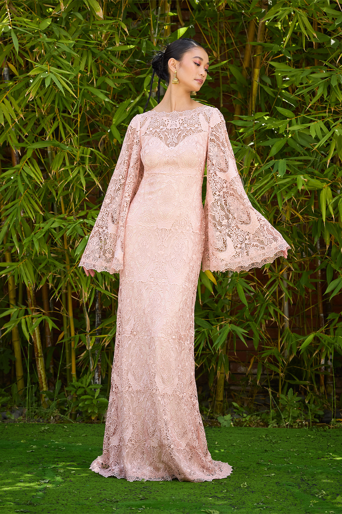 ANTIQUE PINK ASPARA LACE GOWN WITH LONG BELL SLEEVES