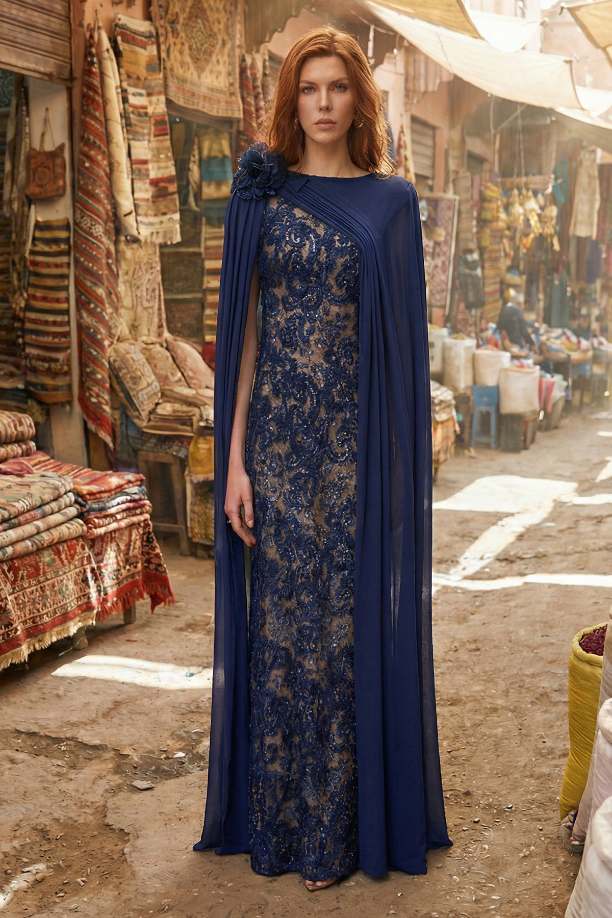 NAVY NUDE CHENILLE EMBROIDERED TULLE GOWN WITH SWEEPING GEORGETTE CAPE AND 3-D FLORAL APPLIQUÉ DETAIL