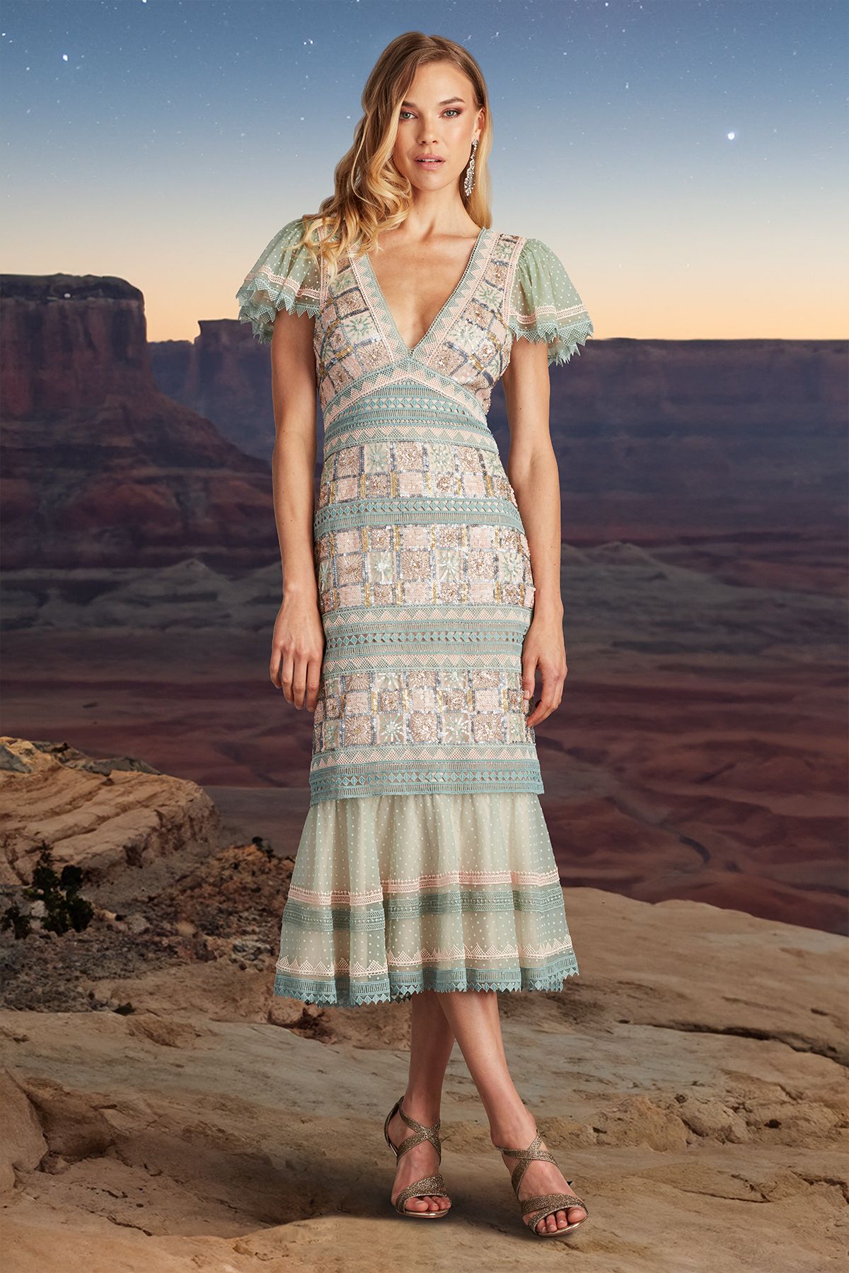 ADOBE BLUSH/MULTI PAILLETTE EMBROIDERED TULLE FIT AND FLARE MIDI DRESS WITH LACE TRIM DETAIL