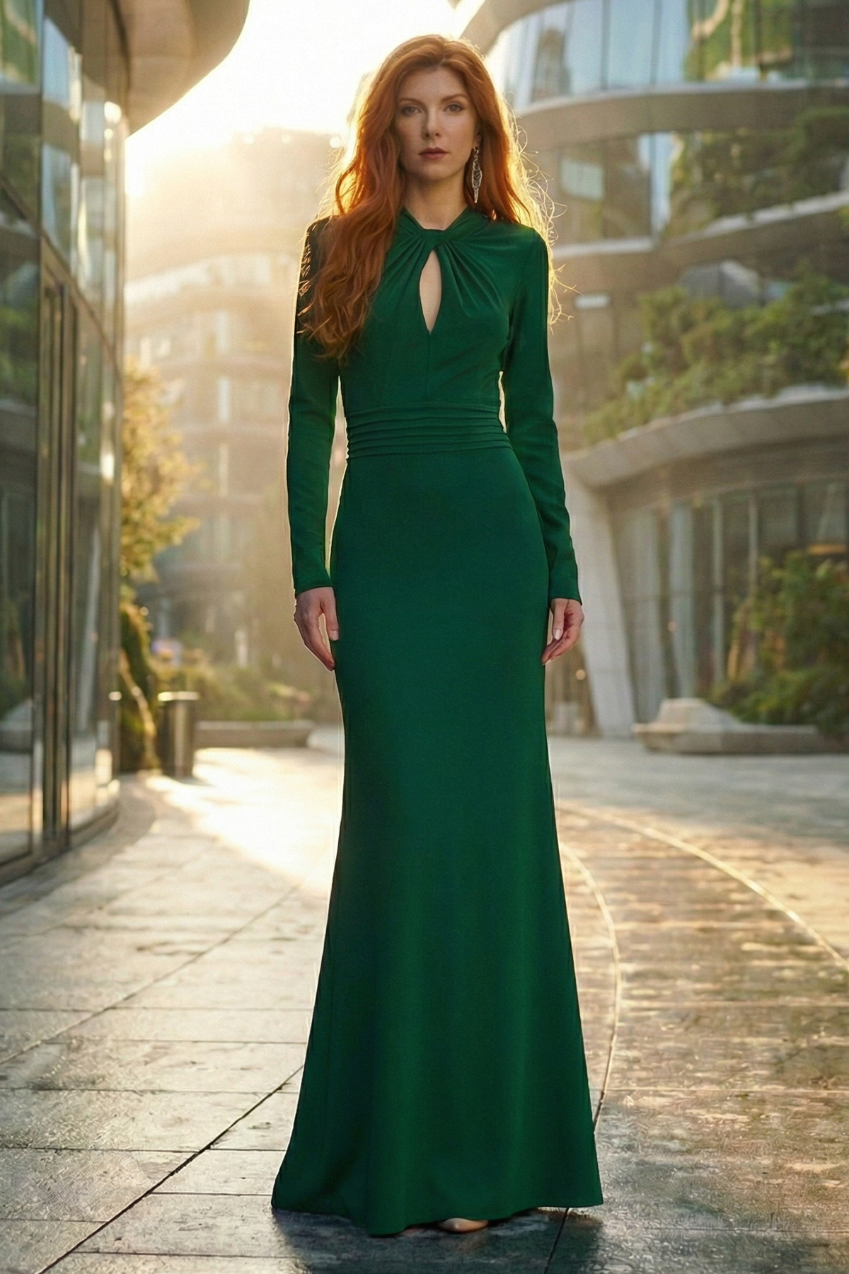 COLOR TEXTURED CREPE LONG SLEEVE FLOOR LENGTH DRESS WITH FRONT KEYHOLE DETAIL