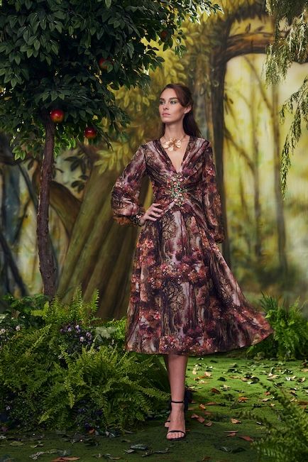 MUSHROOM WOODLAND PRINT CHIFFON V-NECK MIDI DRESS WITH LONG BLOUSON SLEEVES AND MICRO PAILLETTE APPLIQUE DETAIL