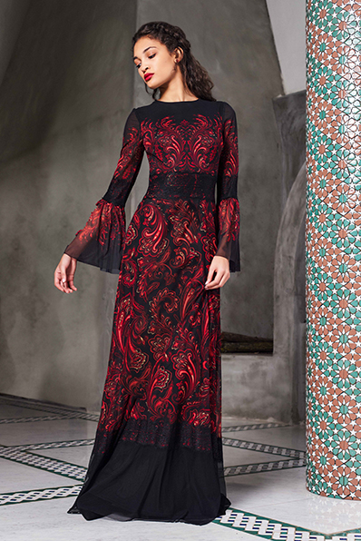 PAISLEY PRINT MESH AND LACE TRIM GOWN WITH LONG BELL SLEEVES