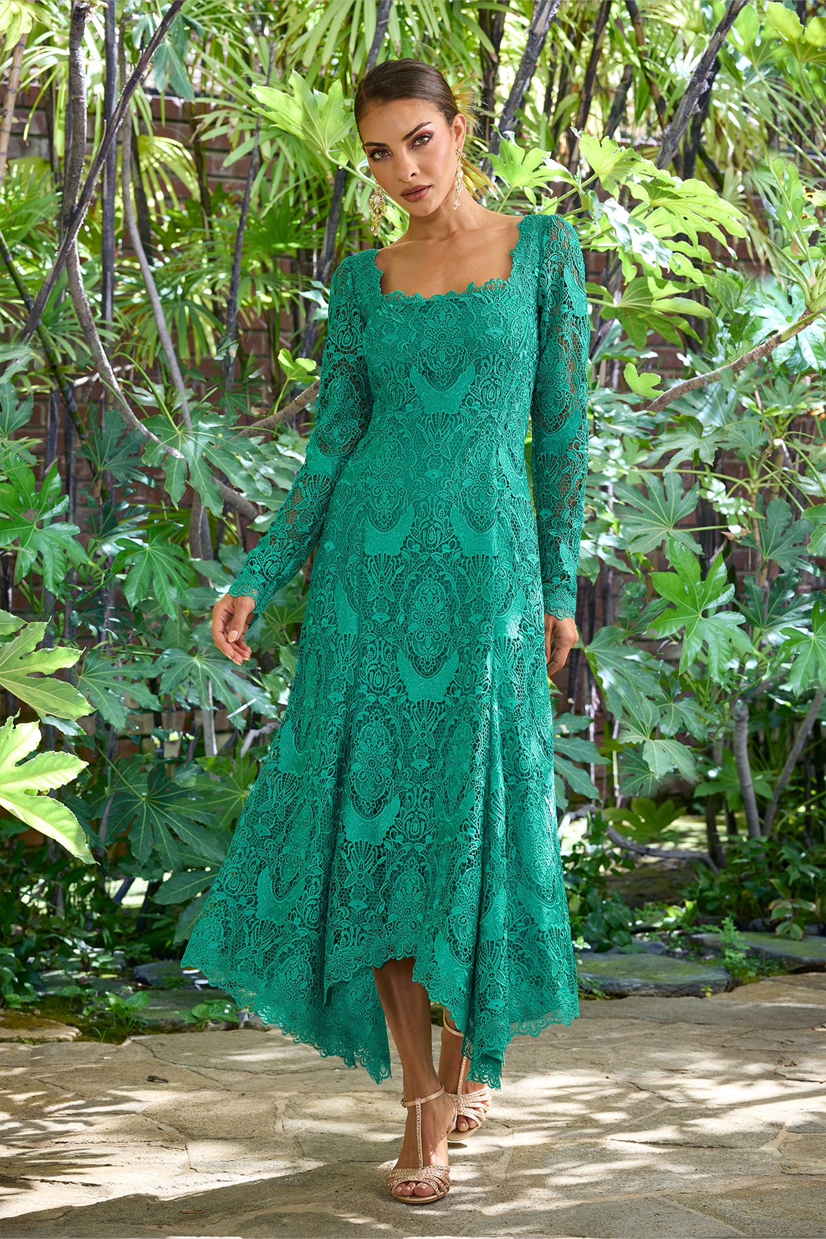 SEA GREEN ASPARA LACE SQUARE NECK LONG SLEEVE MIDI DRESS WITH HANDKERCHIEF HEM