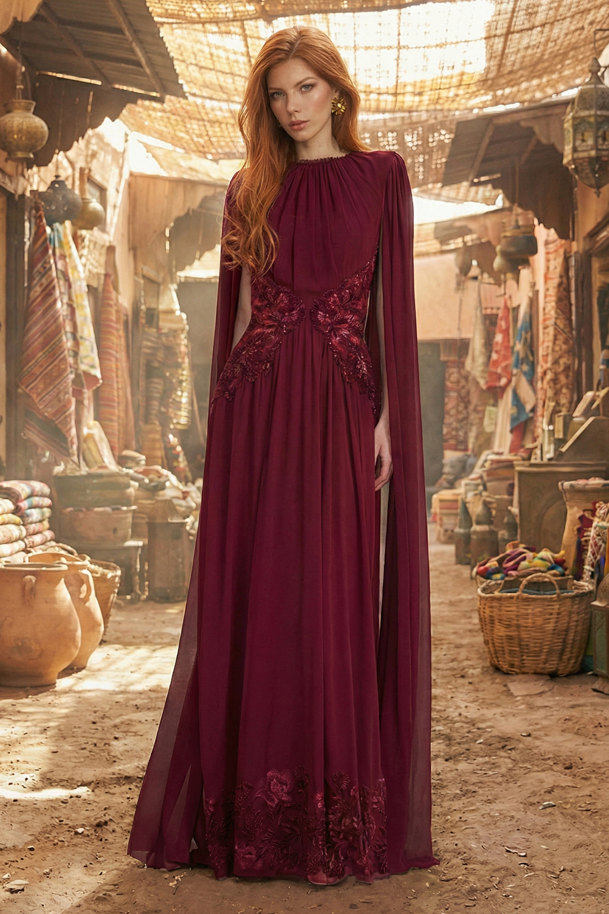 WINE CHENILLE EMBROIDERED TULLE AND GEORGETTE A-LINE GOWN