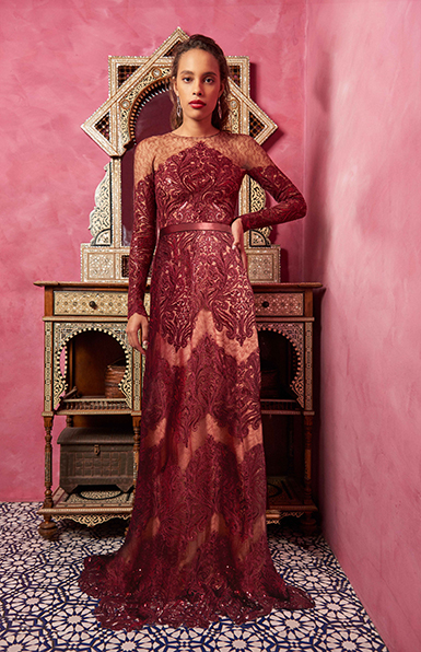 PAISLEY MOTIF PAILLETTE EMBROIDERED TULLE LACE LONGSLEEVE GOWN