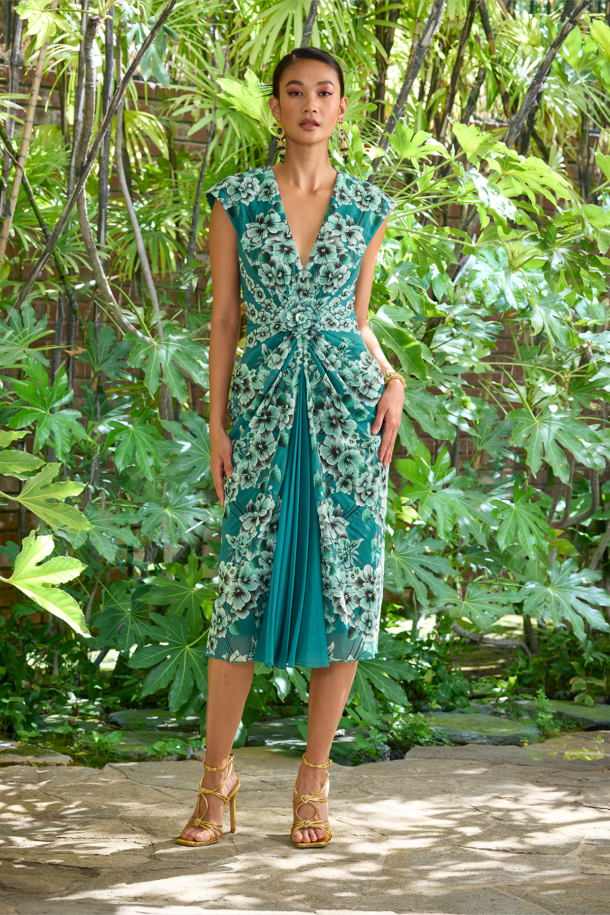 EMERALD GREEN MULTI JASMINE PRINT GEORGETTE SLEEVELESS V-NECK DRESS