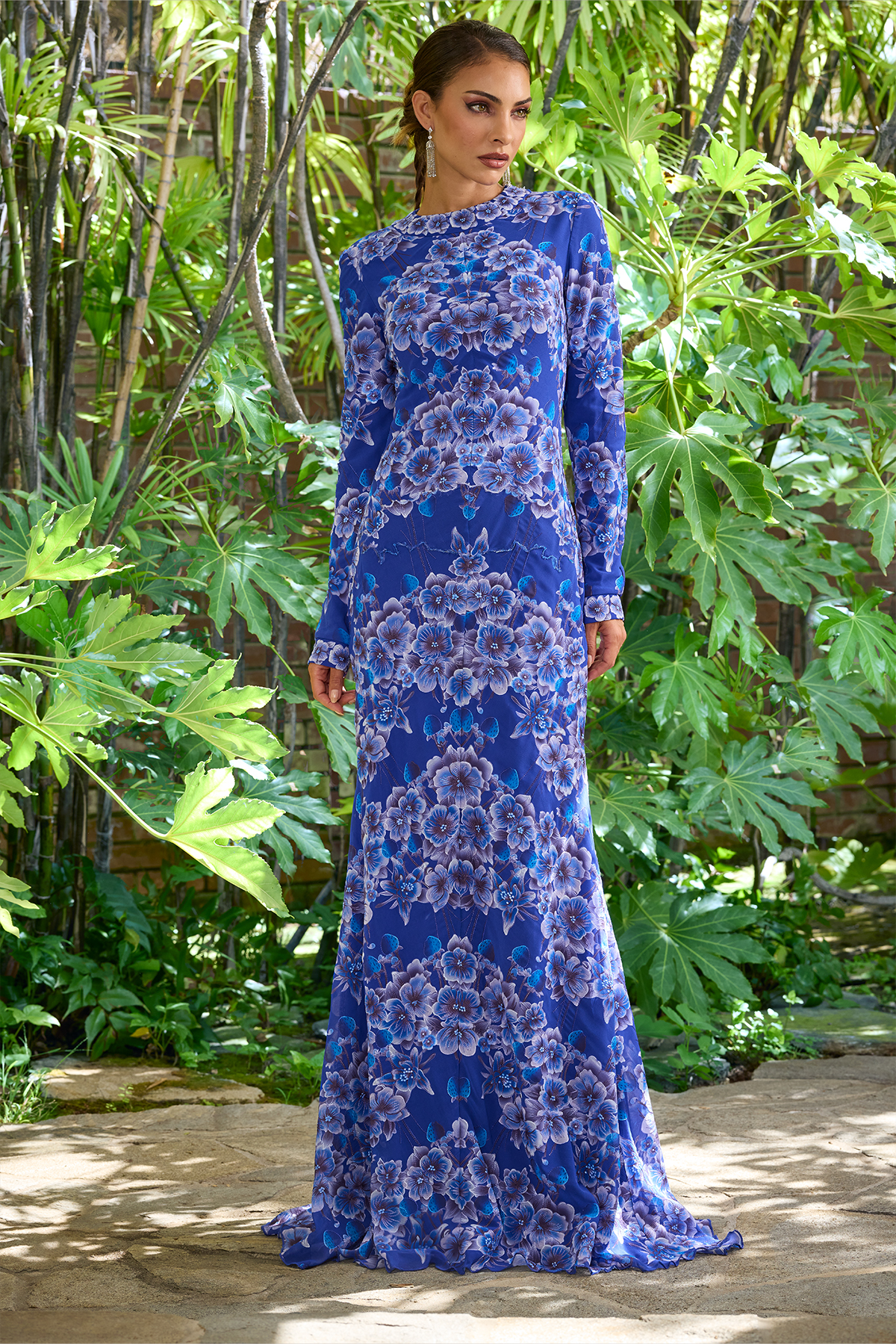 BLUE LAGOON MULTI JASMINE PRINT GEORGETTE LONG SLEEVE GOWN