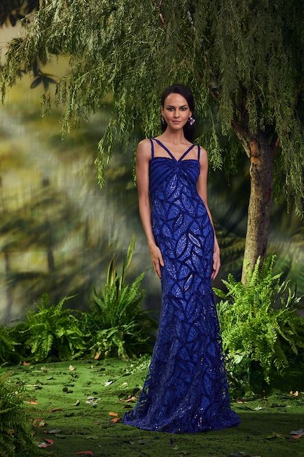 BLUE BELL CHENILLE AND PAILLETTE EMBROIDERED TULLE GOWN WITH SHOULDER STRAP DETAIL