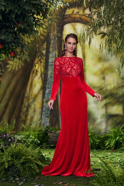 CRANBERRY CHENILLE AND PAILLETTE EMBROIDERED TULLE WITH VELVET LONG SLEEVE GOWN