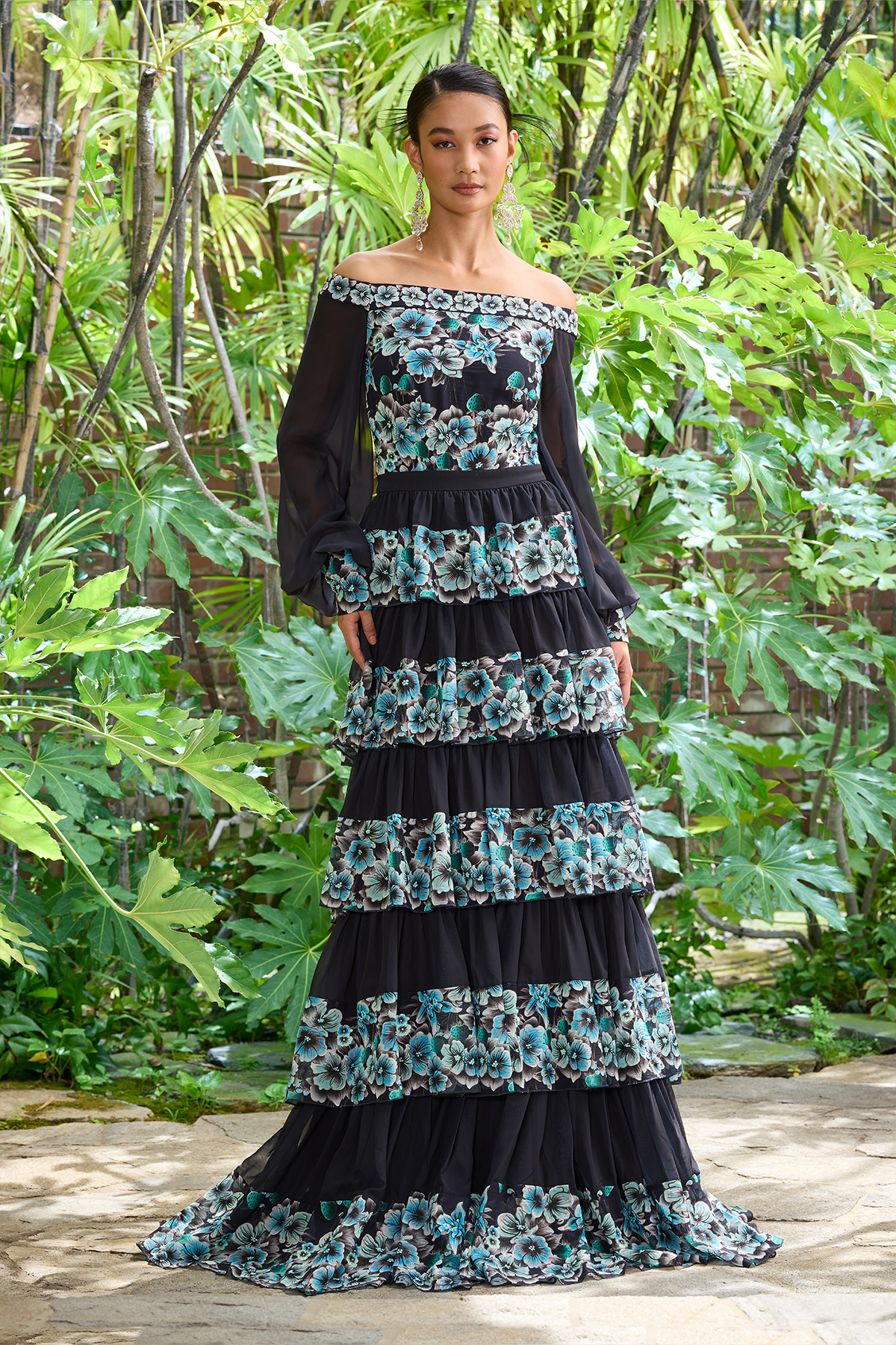 DEEP AQUA JASMINE PRINT GEORGETTE OFF-THE-SHOULDER TIERED GOWN WITH LONG BISHOP SLEEVES
