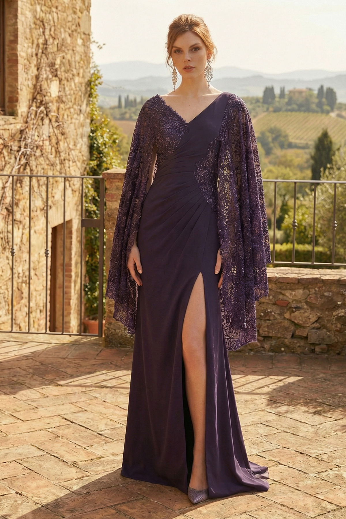 PLUM PASSAGE LACE AND TEXTURED CREPE V-NECK DRAPED GOWN WITH FRONT SLIT AND HANDKERCHIEF SLEEVES