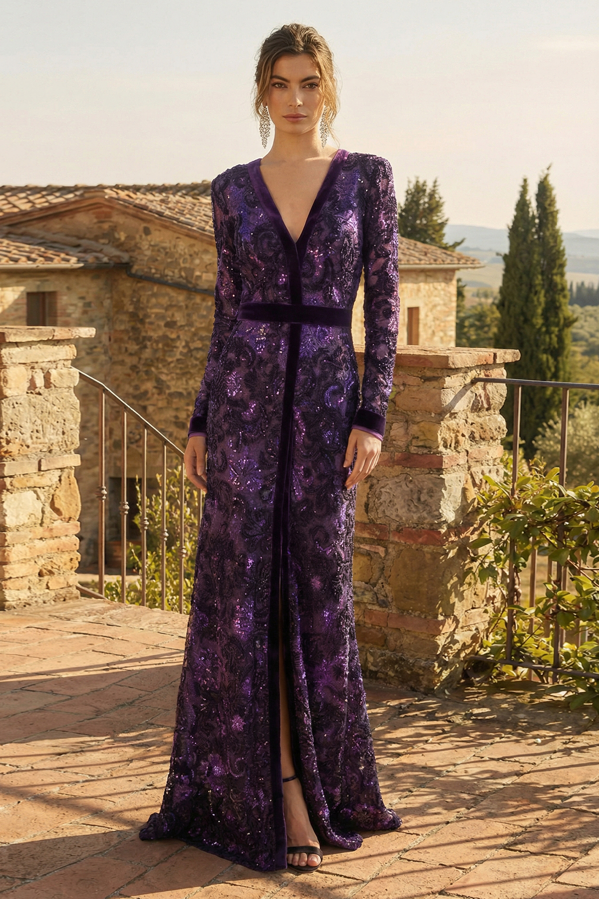PLUM CHENILLE EMBROIDERED TULLE V-NECK LONG SLEEVE GOWN WITH VELVET RIBBON TRIM