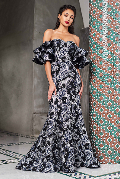 PAISLEY MOTIF JACQUARD MERMAID GOWN WITH OFF-THE-SHOULDER RUFFLE SLEEVES