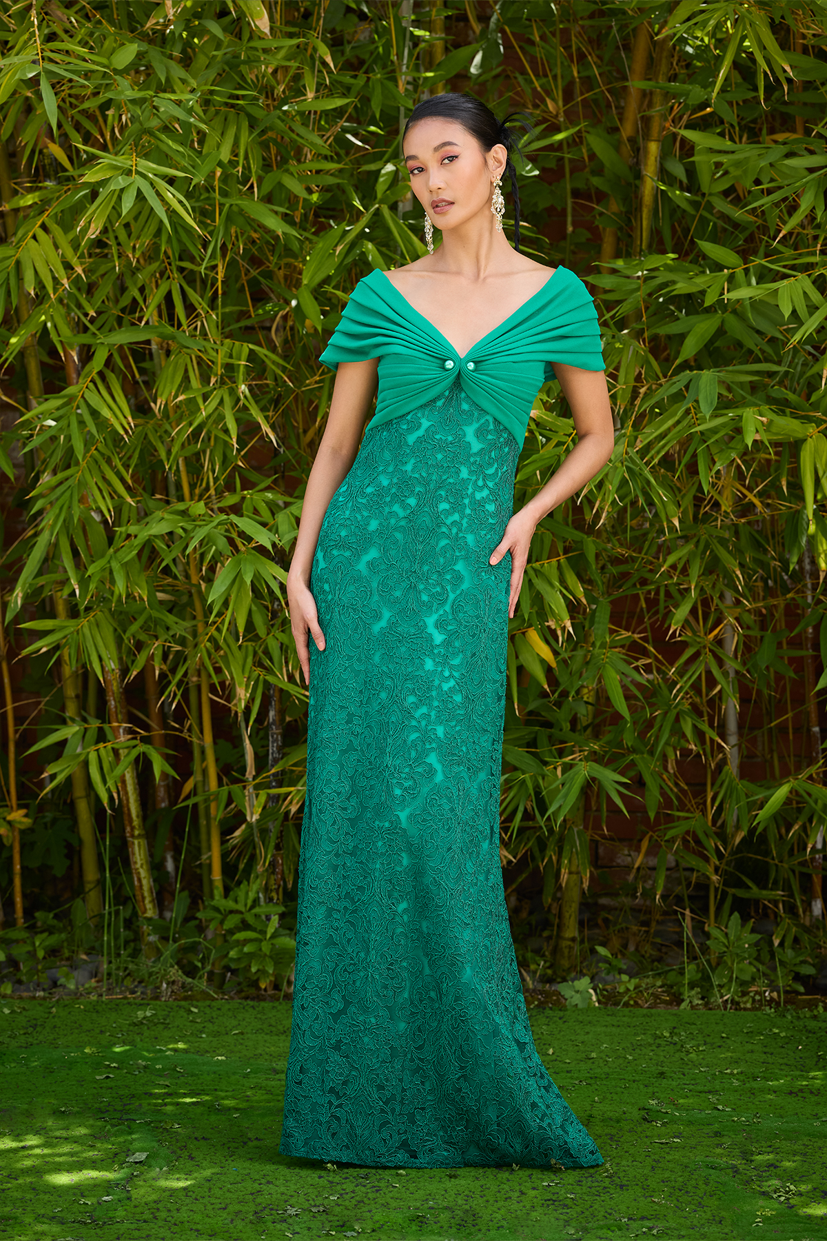 EMERALD LOTUS EMBROIDERED TULLE AND TEXTURED CREPE OFF-THE-SHOULDER CAP SLEEVE GOWN WITH PEARL DETAIL
