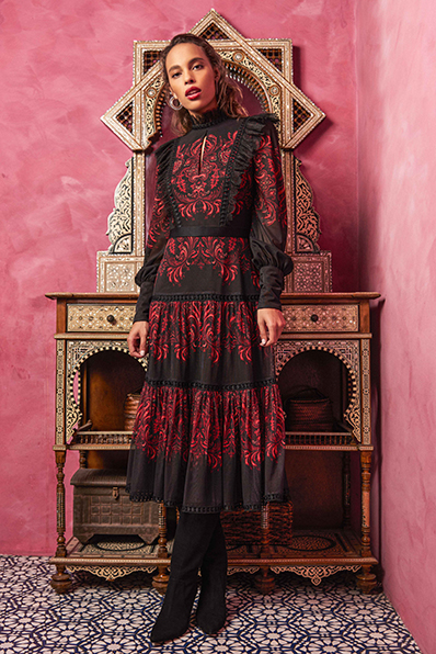 PAISLEY PRINT MESH MIDI DRESS WITH LACE TRIM DETAIL AND LONG BISHOP SLEEVES