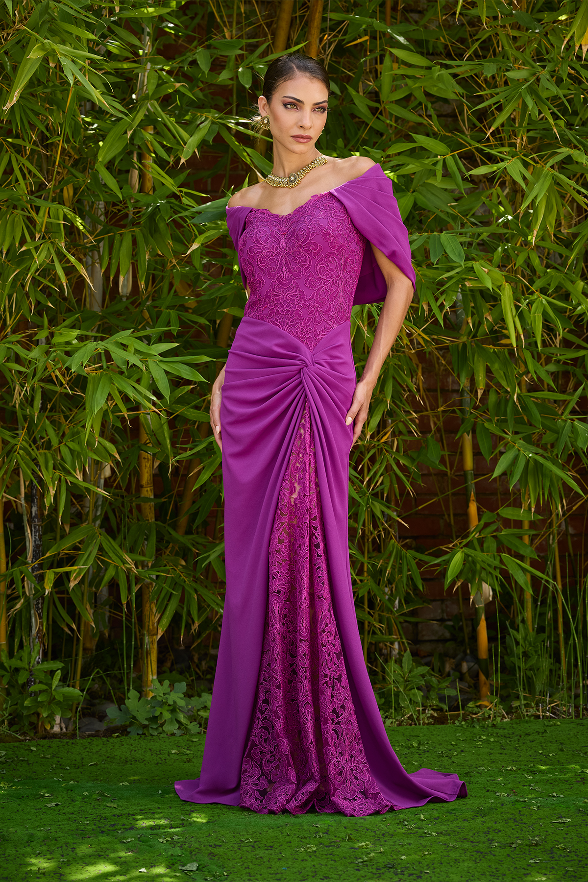 MAGENTA LOTUS EMBROIDERED TULLE AND TEXTURED CREPE OFF-THE-SHOULDER DRAPED GOWN