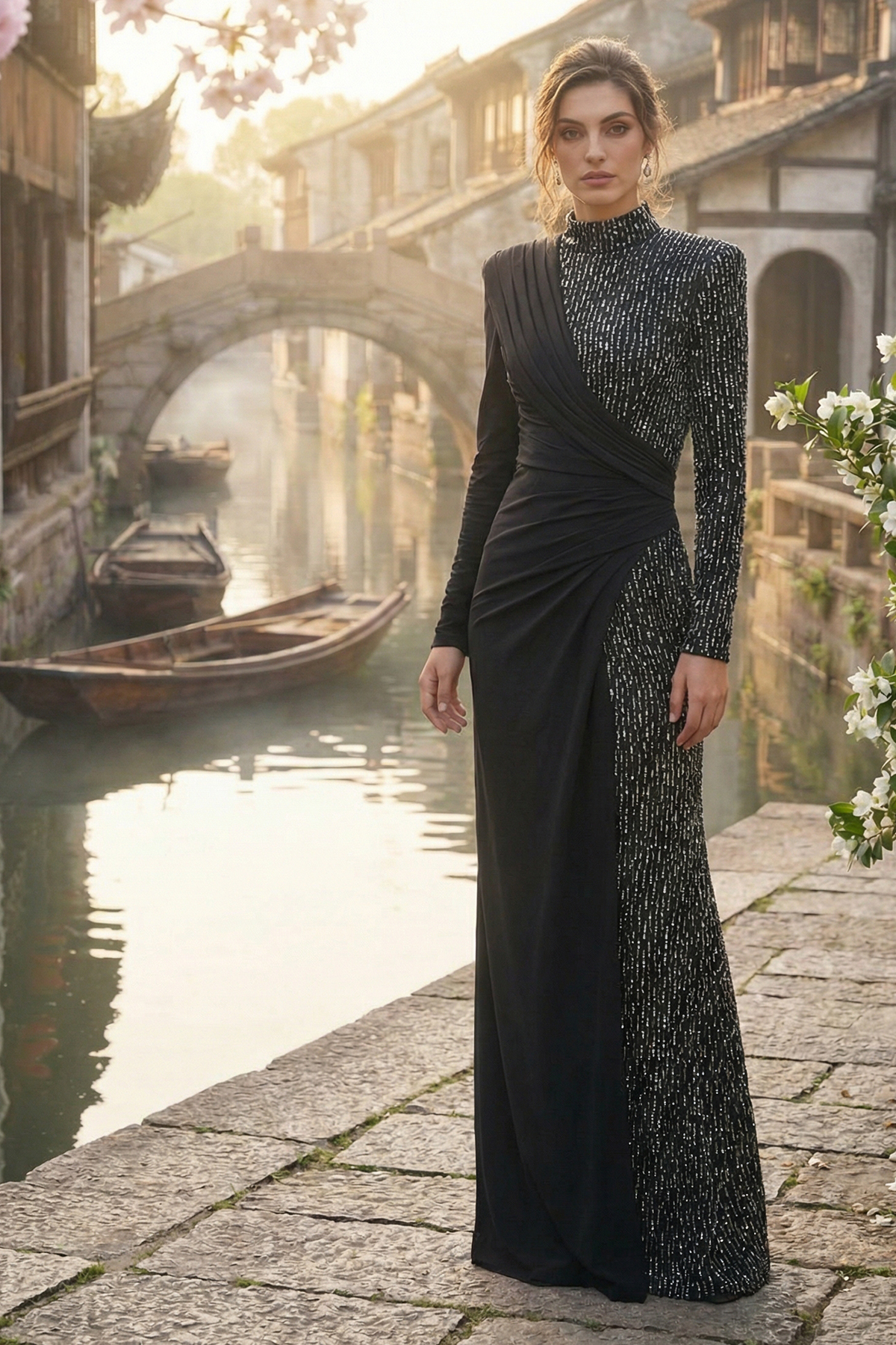 BLACK SILVER TEXTURED CREPE AND PEARL DROP EMBROIDERED TULLE MOCK NECK LONG SLEEVE GOWN