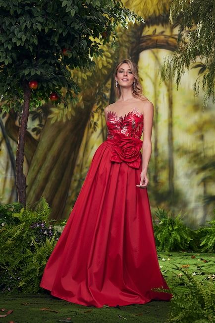 CRANBERRY FOLIAGE PAILLETTE EMBROIDERED TULLE FULL SKIRT TAFFETA GOWN WITH ILLUSION NECK AND FLOWER DETAIL