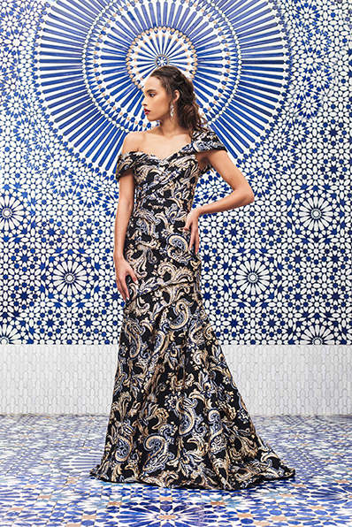 PAISLEY MOTIF JACQUARD ASYMMETRICALLY DRAPED GOWN