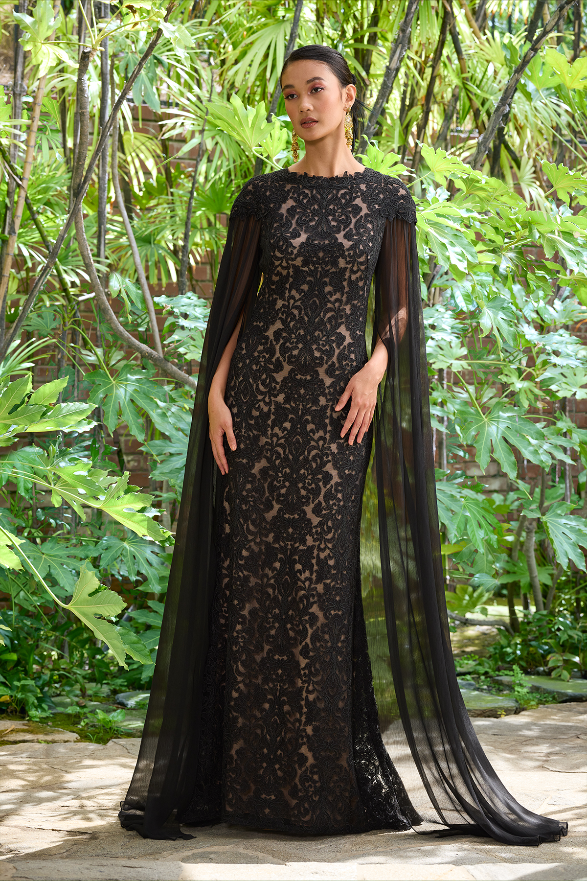 BLACK NUDE LOTUS EMBROIDERED TULLE GOWN WITH SWEEPING CHIFFON SLEEVES