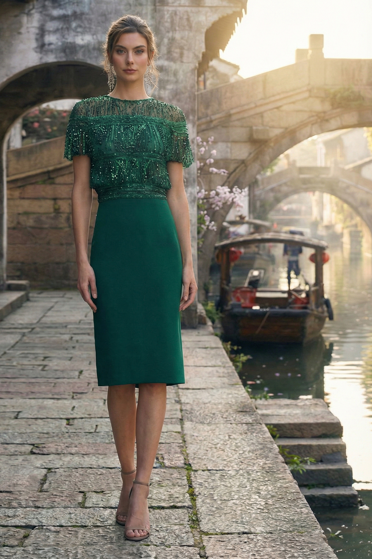 SEAGRASS PEARL DROP EMBROIDERED TULLE AND TEXTURED CREPE SHORT SLEEVE DRESS