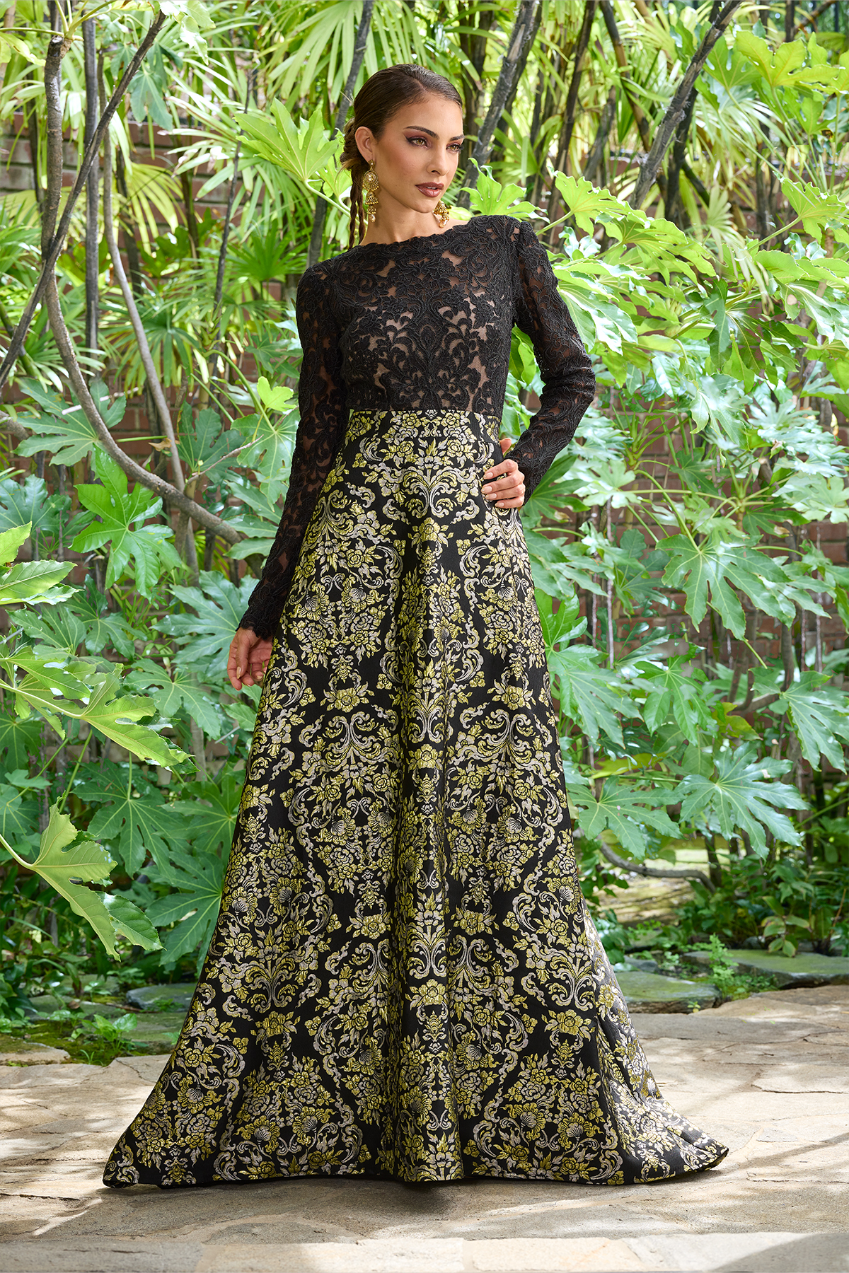 GOLD MULTI STUPA MOTIF JACQUARD GOWN WITH TAFFETA PORTRAIT COLLAR AND CONTRAST GODET SKIRT DETAIL