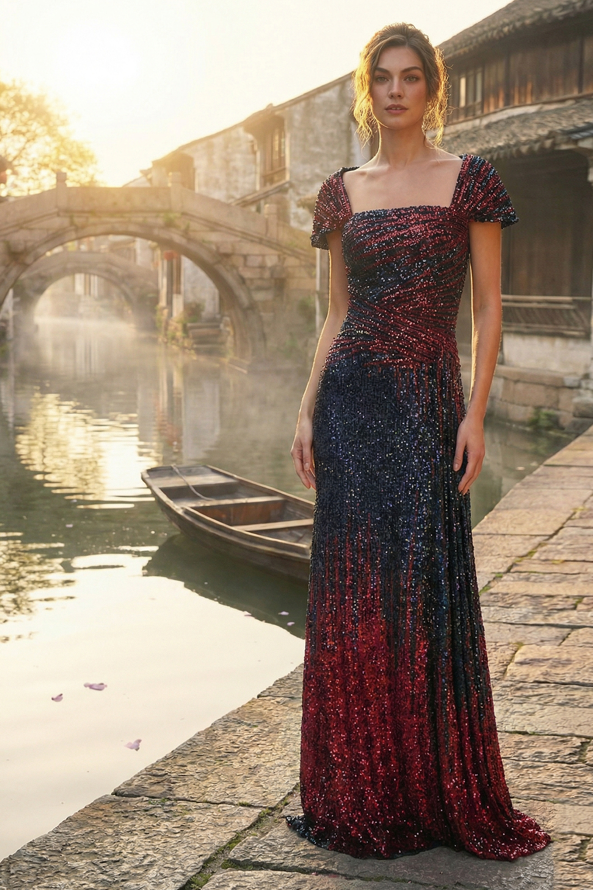 NAVY WINE OMBRE PAILLETTE EMBROIDERED TULLE CAP SLEEVE GOWN