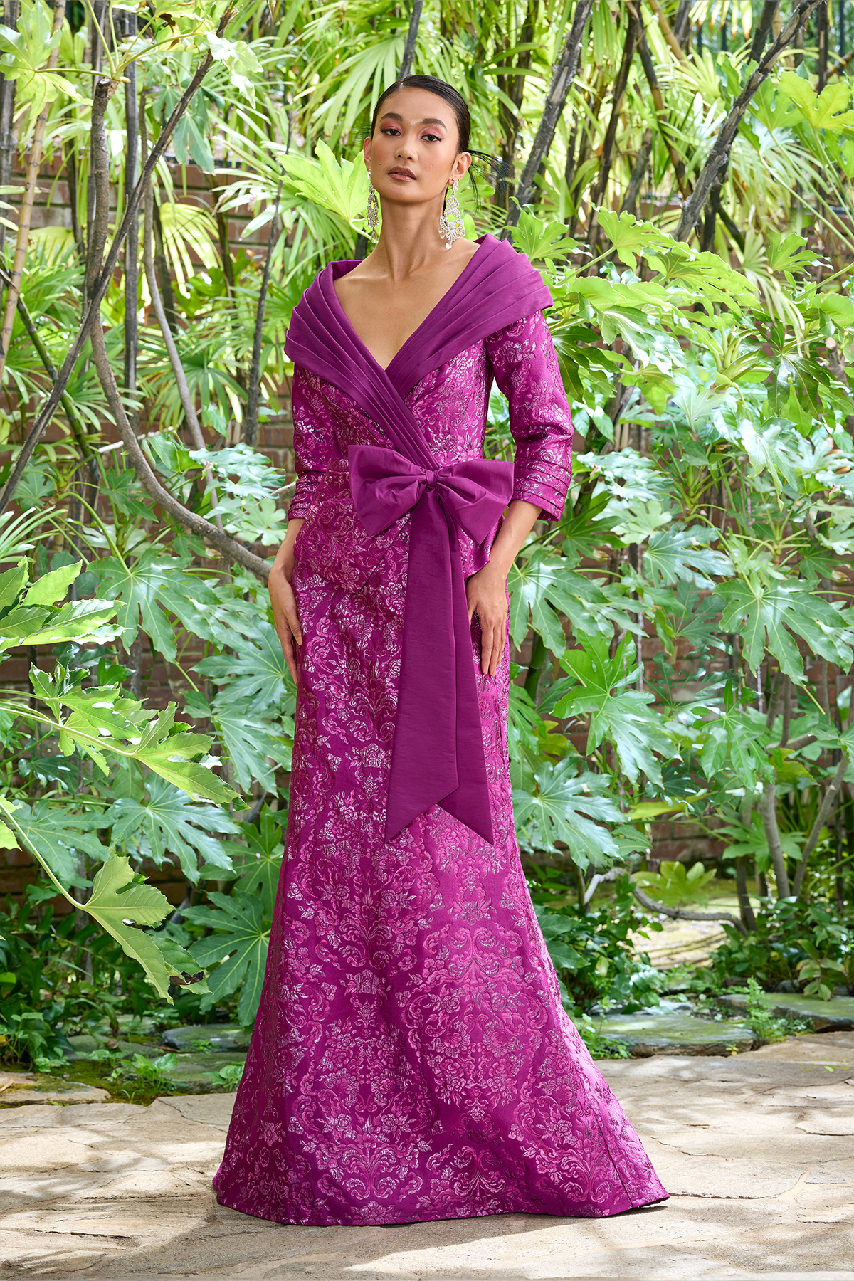 MAGENTA MULTI STUPA MOTIF JACQUARD TWO-PIECE ILLUSION GOWN WITH TAFFETA PORTRAIT COLLAR AND BOW DETAIL